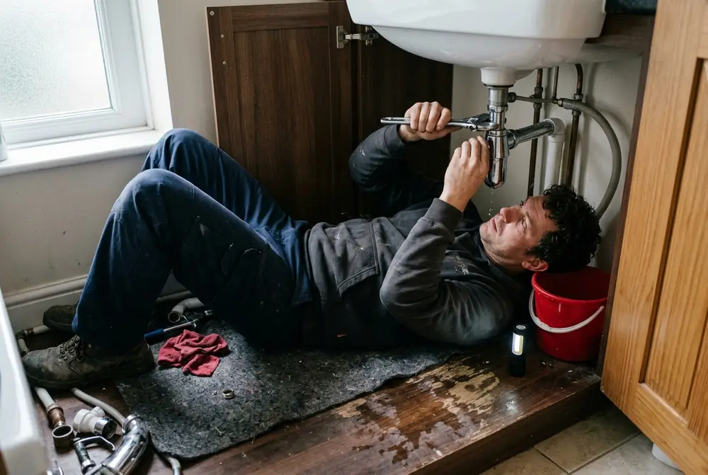 Repairing a leaking bottle trap under a bathroom sink